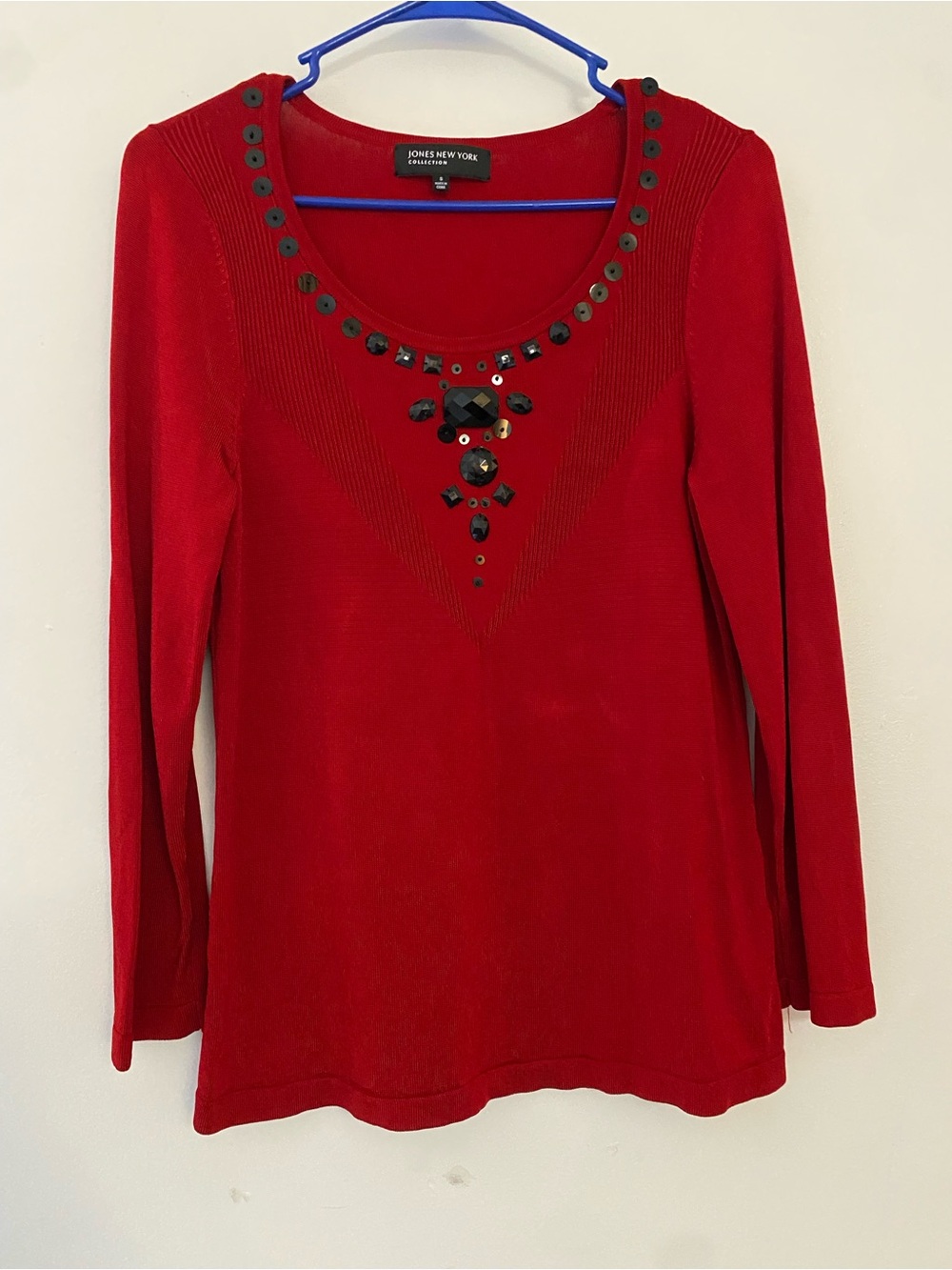Jones New York Red Long-Sleeve Scoop Neck Top with Black Gem Accents